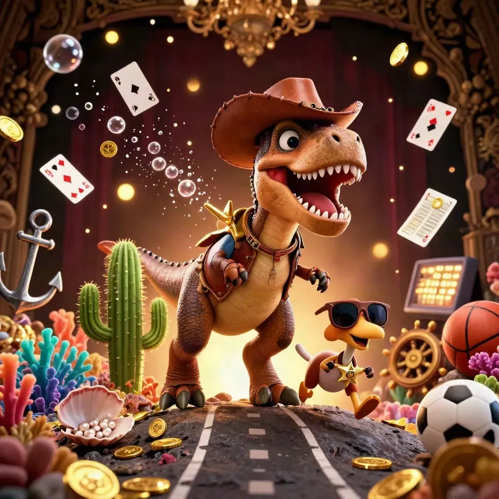 Cowboy T-Rex, cactus sidekick and roadrunner in a golden underwater treasure cove