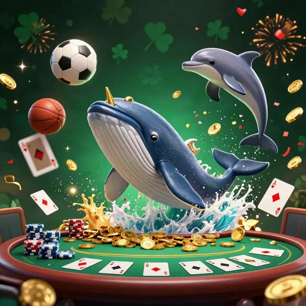 Whale, narwhal and dolphins explode through coins, chips, balls and casino glow on emerald black.