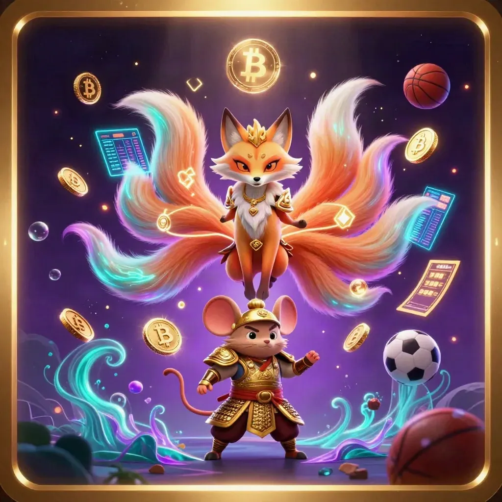 Neon fox spirit and samurai mouse amid coins, lightning, orbs, and casino energy.