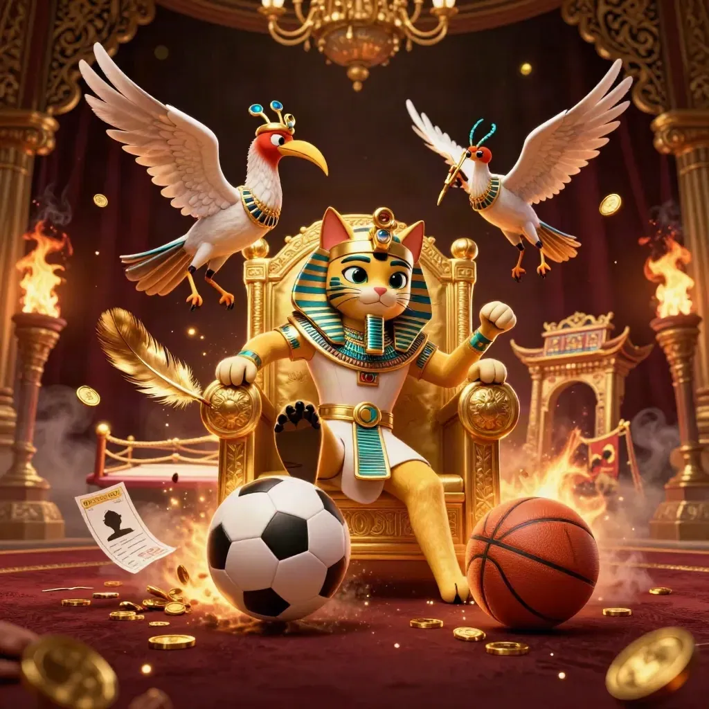 Pharaoh cat, ibis scribe and scarab beetles amid balls, coins, embers and temple ruins.
