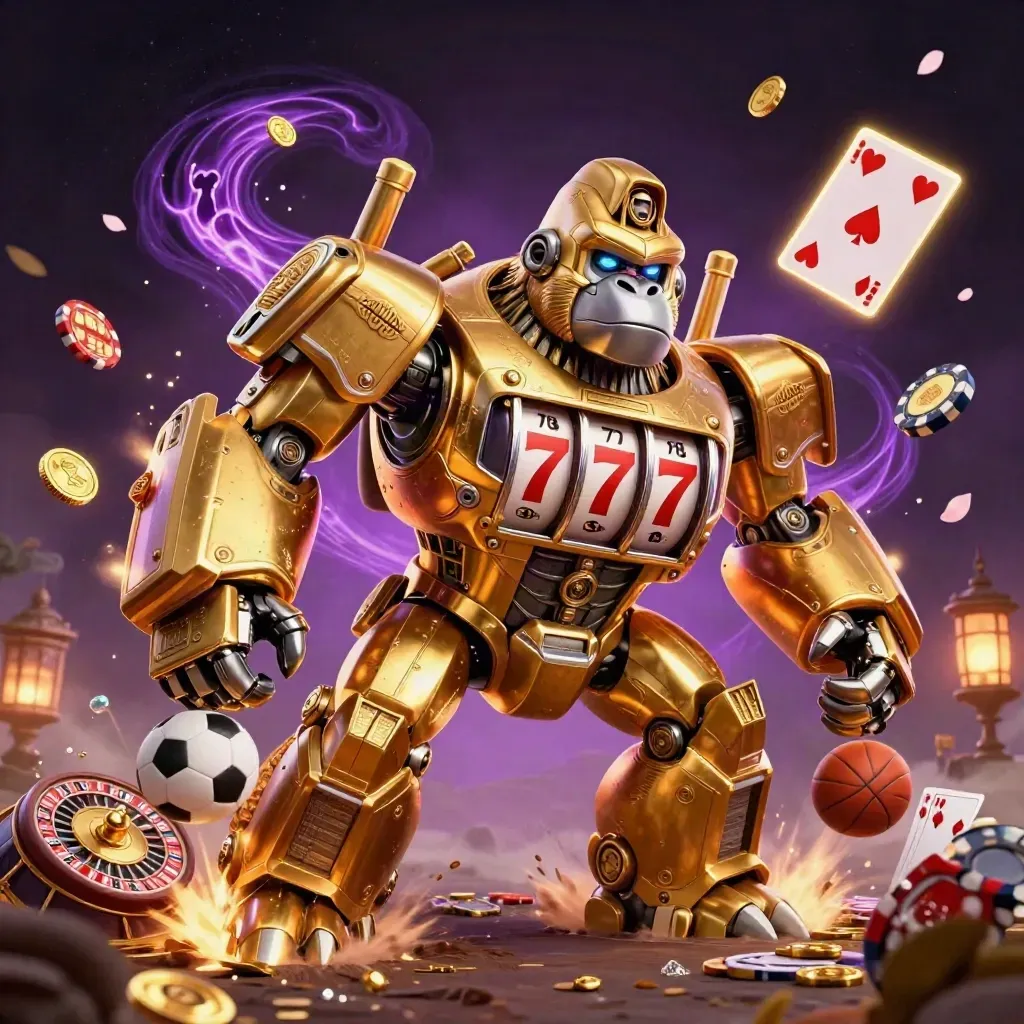 Golden gorilla mech with monkey pilot amid casino props, coins, cards, roulette wheel, and flying balls.