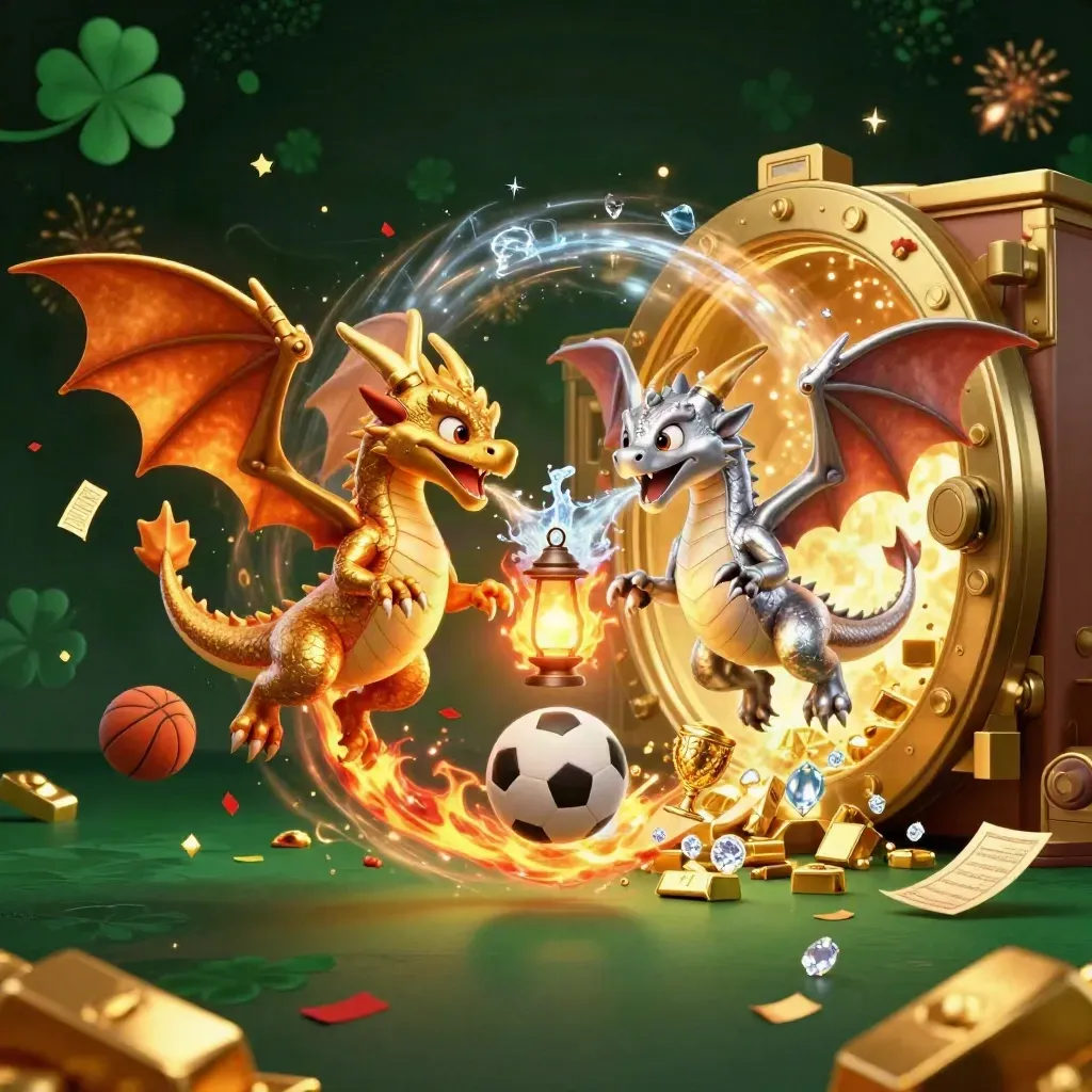 Gold and silver dragons spiral above treasure with sports balls, sparks, and a glowing vault.