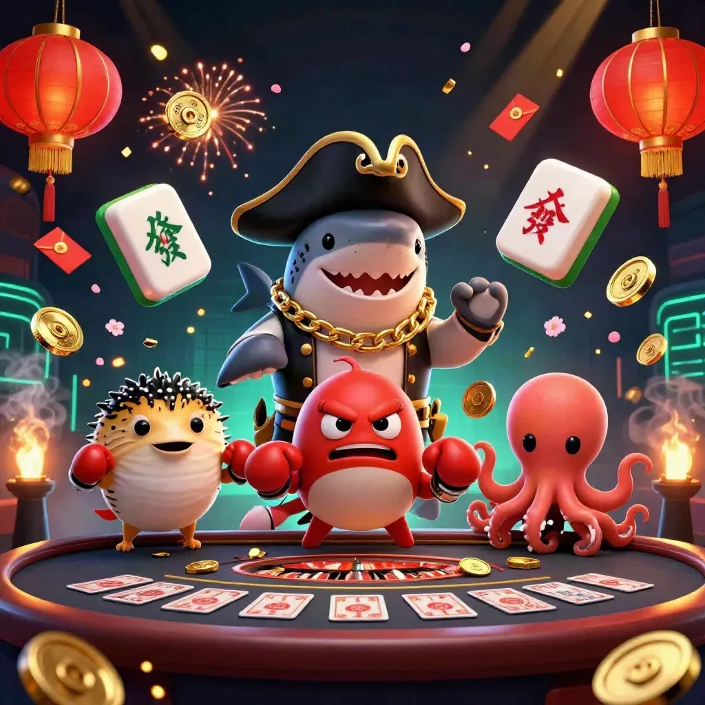 Pirate shark, pufferfish, and octopus amid casino luxury, gold coins, lanterns, and glowing effects.