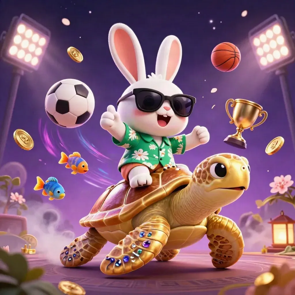 Lucky rabbit on a golden sea turtle amid flying sports balls, coins, lights and magical purple glow