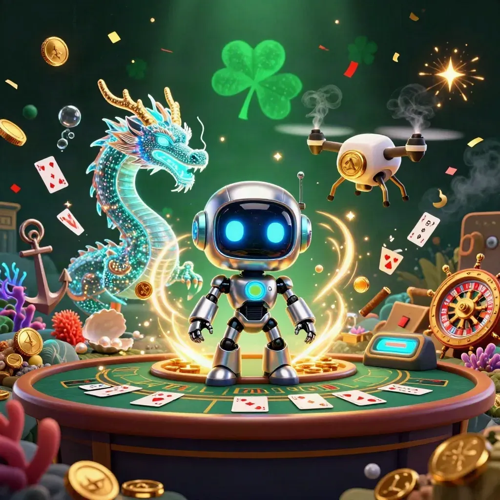 Cyberpunk robot, holographic dragon and coin drone in a luxe casino-treasure cove with gold and emerald light.