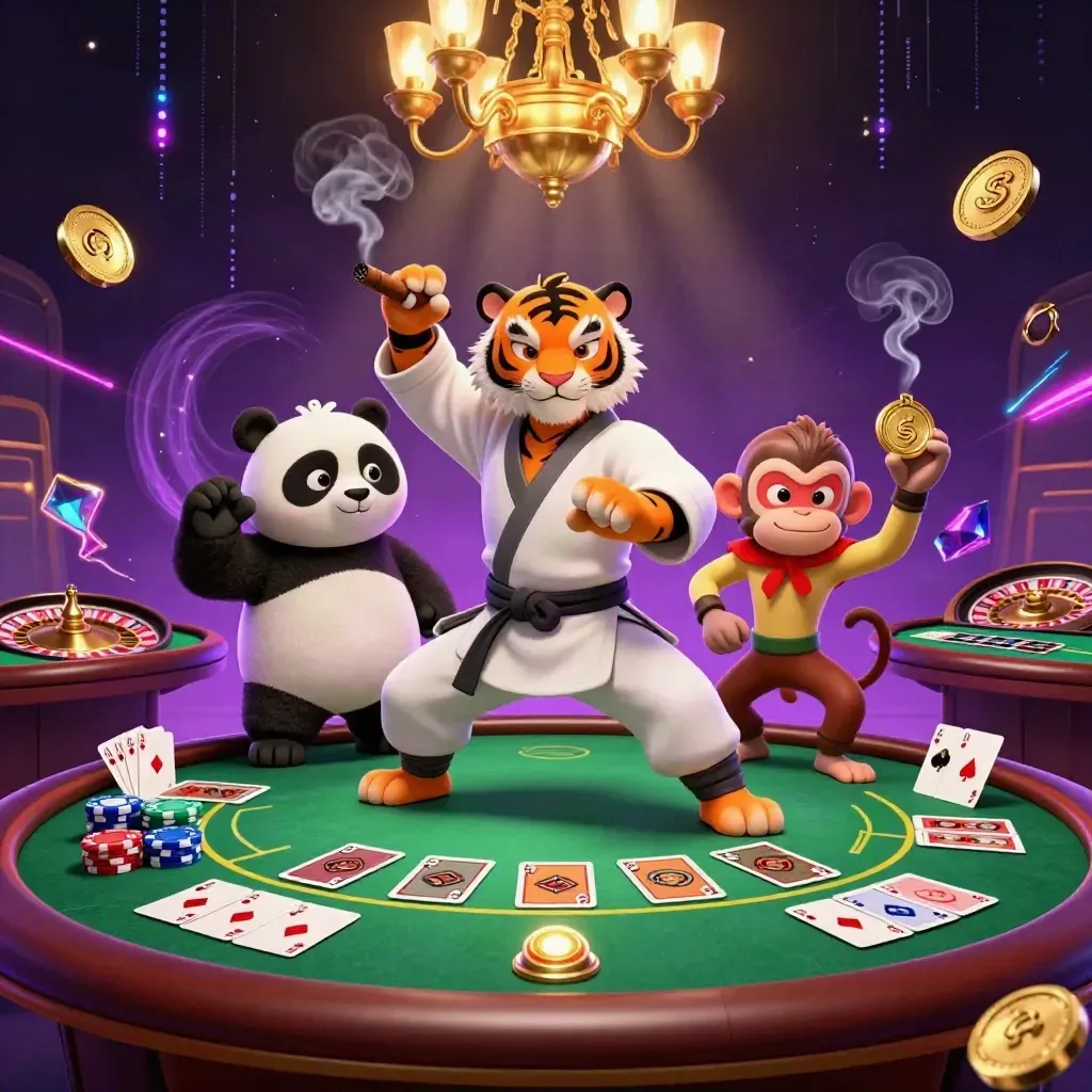 Kung-fu tiger, panda, and monkey amid casino tables, gold chips, neon magic, and a chandelier