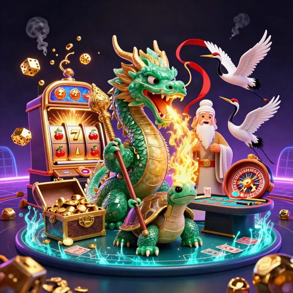 Emerald dragon, turtle sage, and cranes amid slot burst, gold, dice, and neon casino glow.