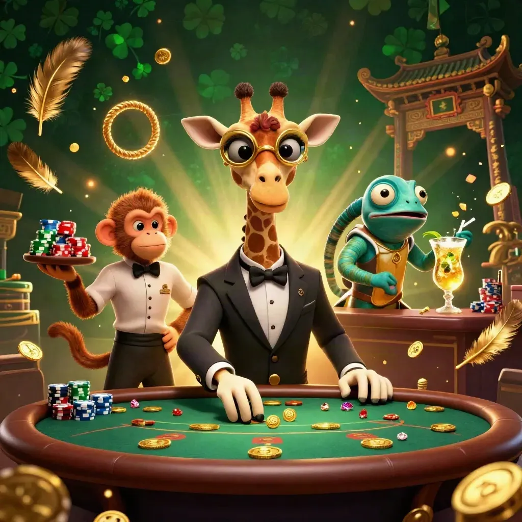 Giraffe high roller, monkey valet, and chameleon bartender amid gold coins, gems, and emerald glow.