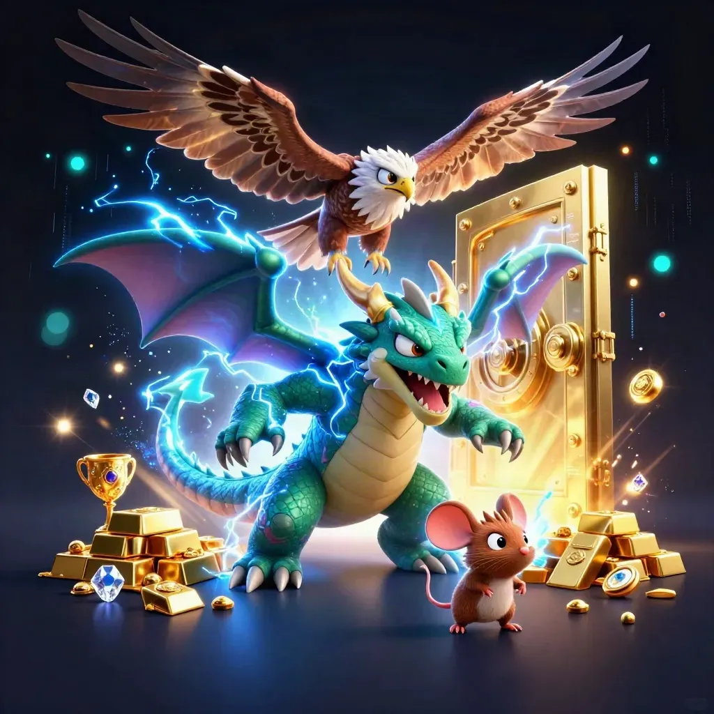 Thunder dragon, wind hawk, and static mouse burst from an open golden vault in neon blue light.