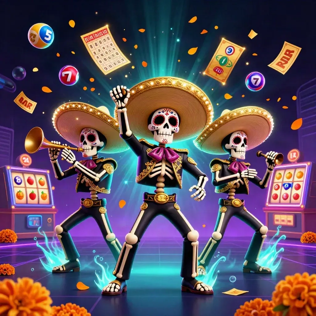 Three mariachi skeletons amid lottery balls, bingo card, prize wheel, and neon casino glow.