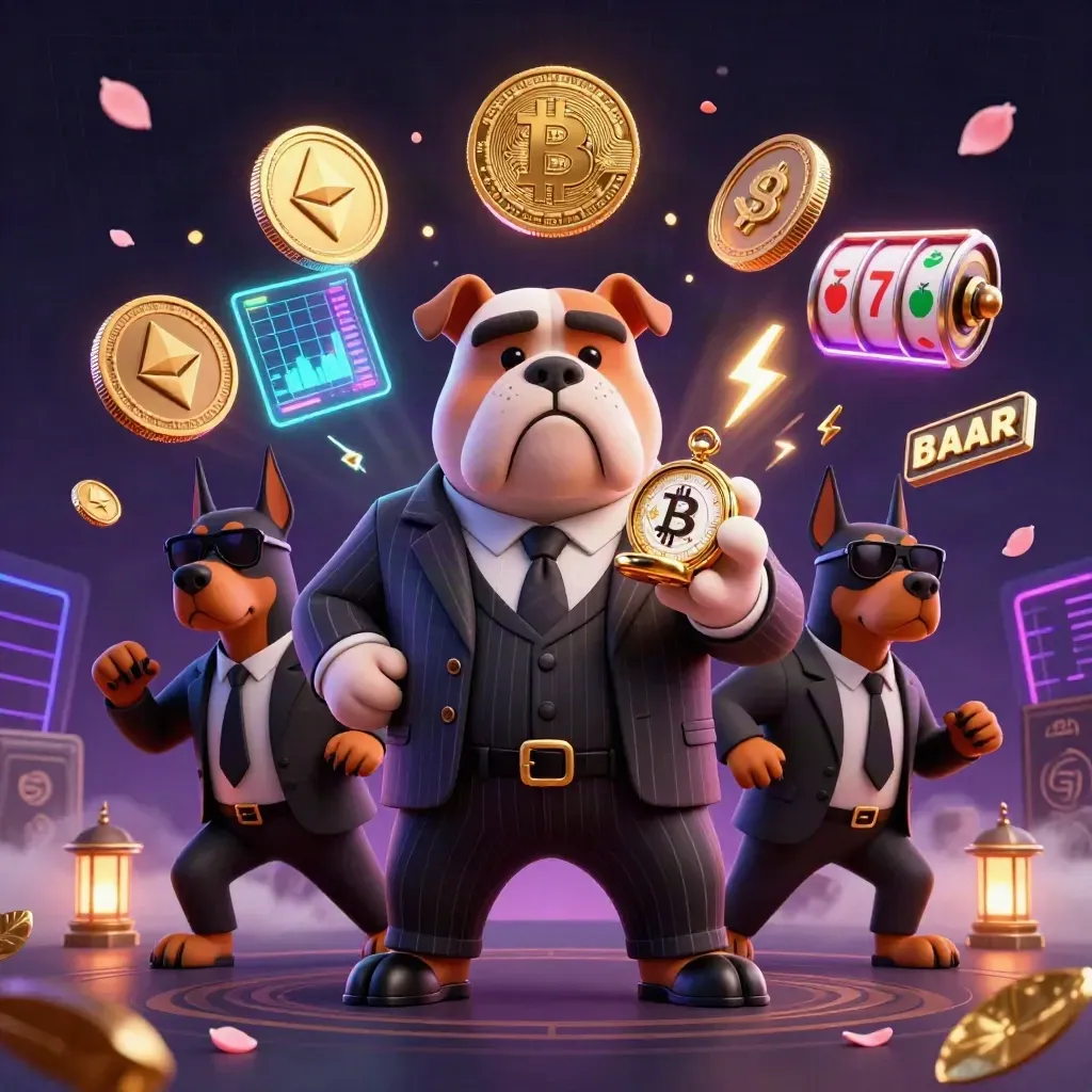 Bulldog mob boss with two Dobermans amid neon coins, lightning, and casino magic.