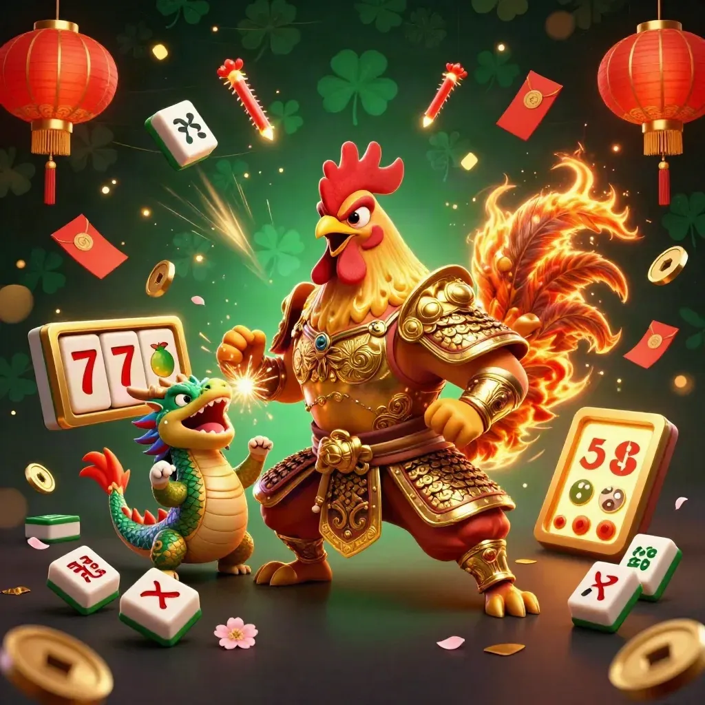 Rooster warrior, spark-breathing hatchling and fortune-cat amid casino gold and jade chaos.
