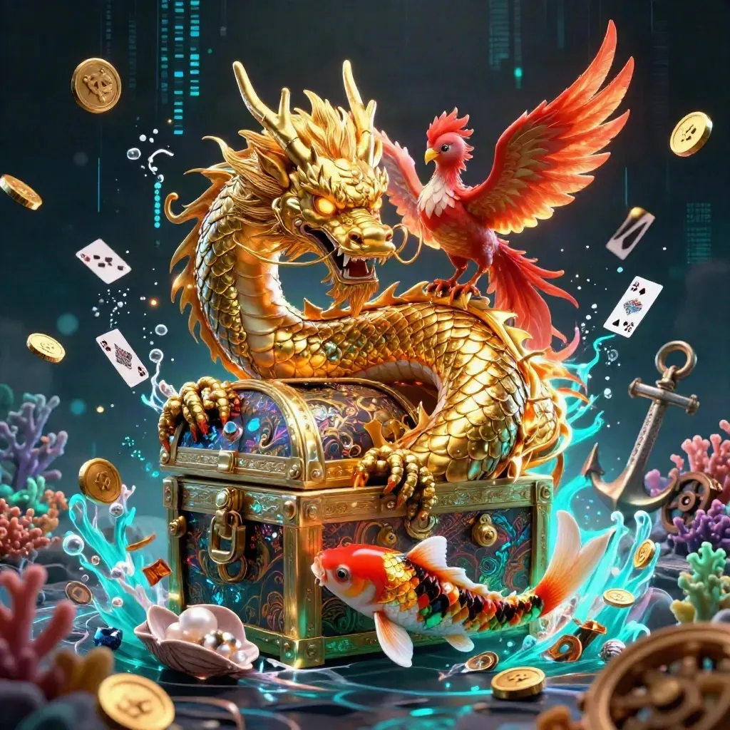 Golden dragon, phoenix, and koi amid treasure, coral, coins, and cyan-lit underwater magic.