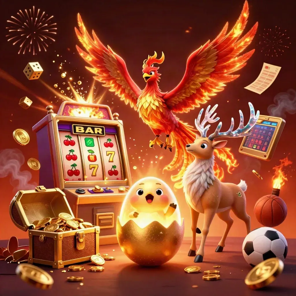 Fire phoenix, baby phoenix, and crystal stag amid exploding gold, coins, slots, and fireworks.