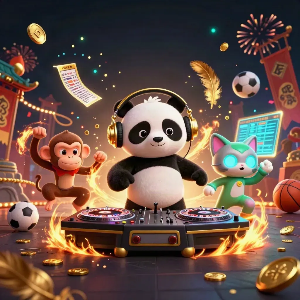DJ panda, dancing monkey, and glow-stick kitten amid coins, fireworks, and a temple gate.