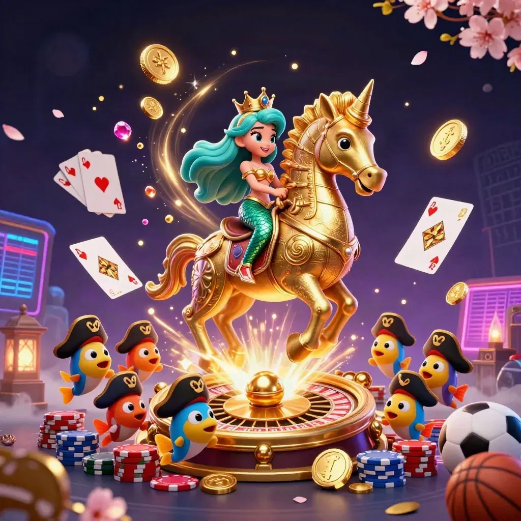Mermaid princess on a golden seahorse amid casino coins, cards, chips and fireworks.