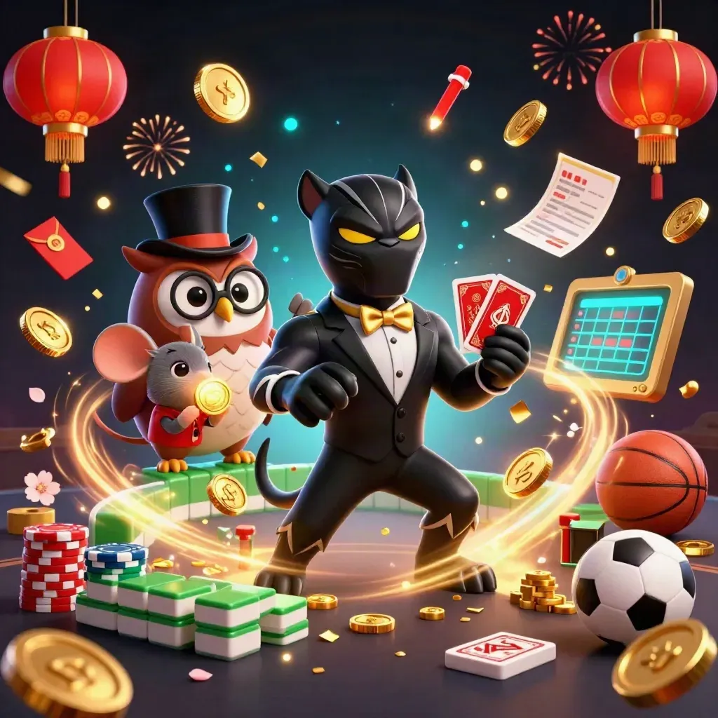 Panther dealer, owl, and mouse amid gold coins, lanterns, fireworks, and sports betting icons.