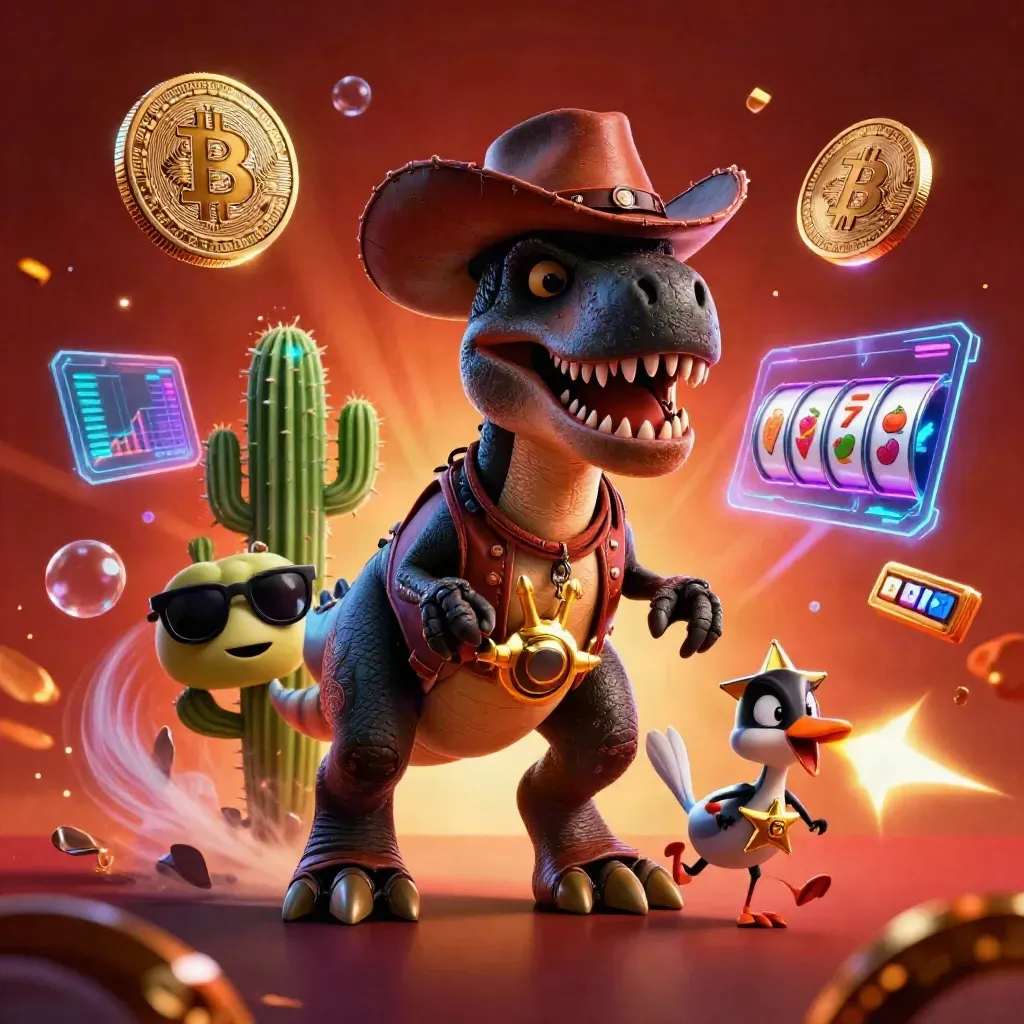 Cowboy T-Rex, cactus sidekick, and roadrunner amid casino coins, reels, lightning, and ember glow