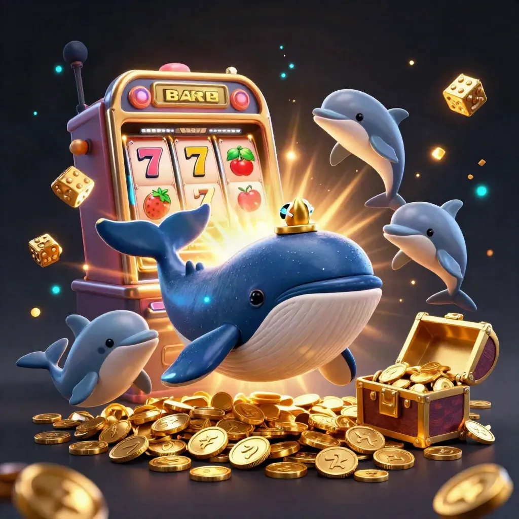 Whale captain, narwhal, and dolphins amid coins, slot reels, dice, and treasure in a dark gold casino glow.