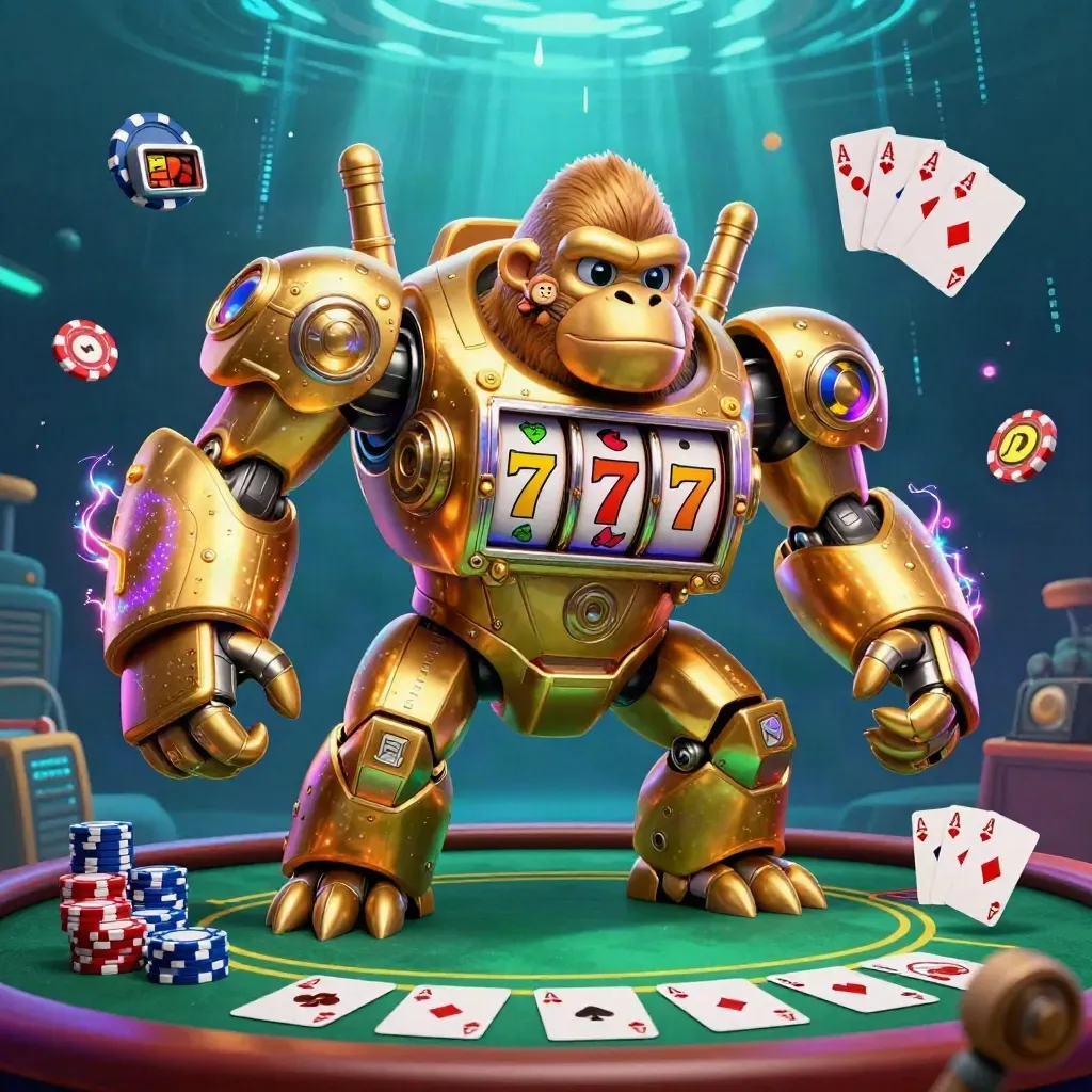 Golden gorilla slot-mech with monkey pilot, poker chips, aces, and neon underwater glow.