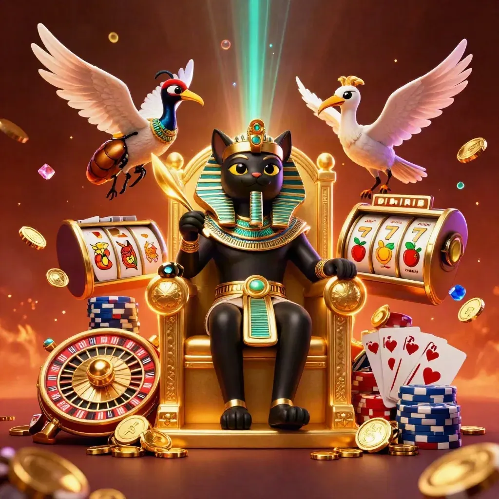 Pharaoh cat, ibis scribe, and gem-winged scarabs amid roulette, coins, chips, and jackpot glow