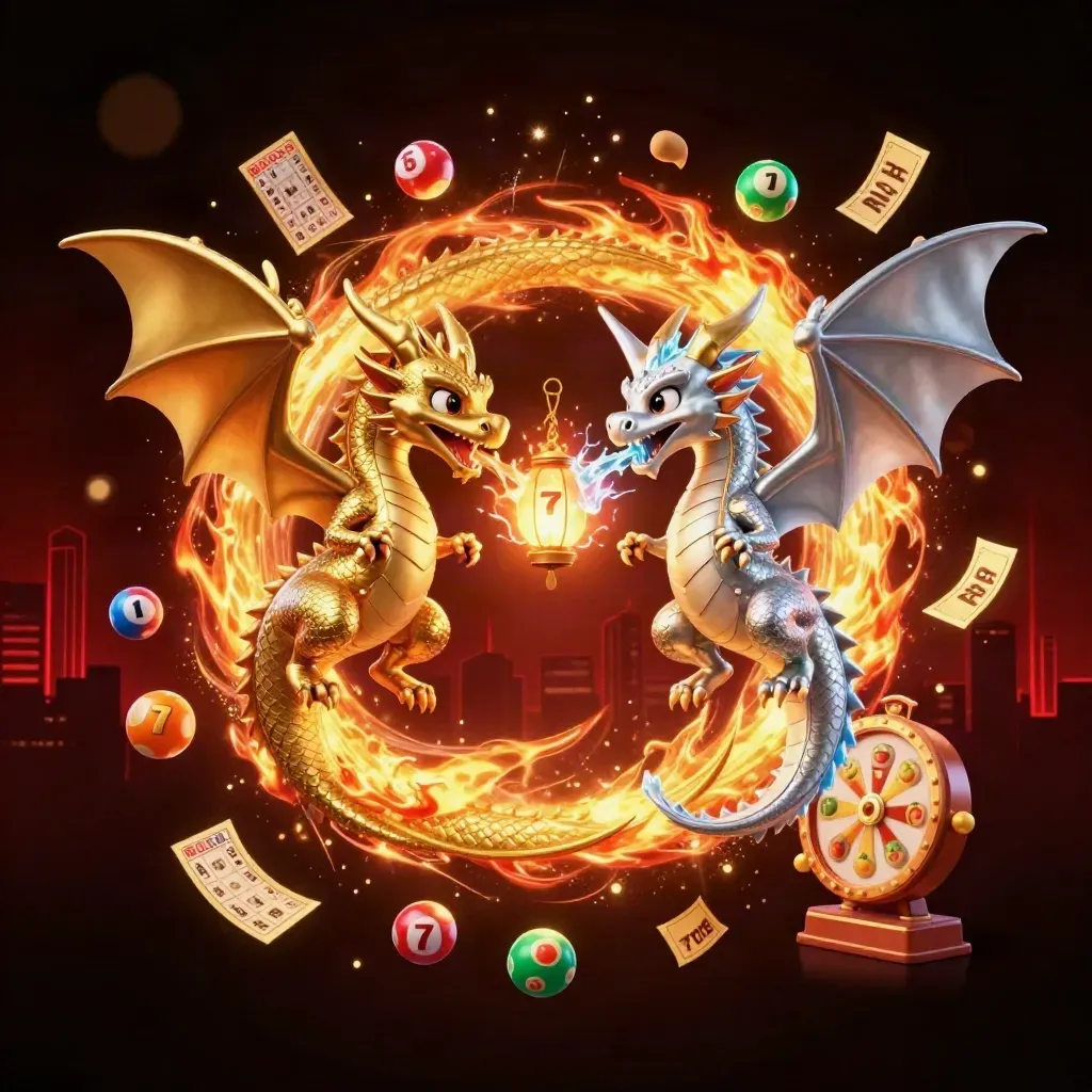 Twin gold and silver dragons in a yin-yang fire-and-ice burst with casino props